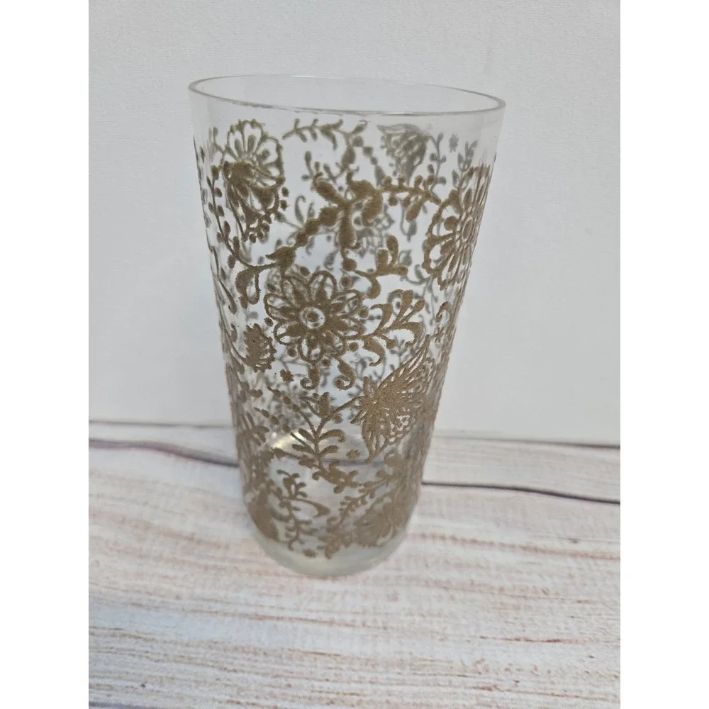Mid Century Raised Painted Gold Floral‎ 8 Glass Water Bar Cups Vintage